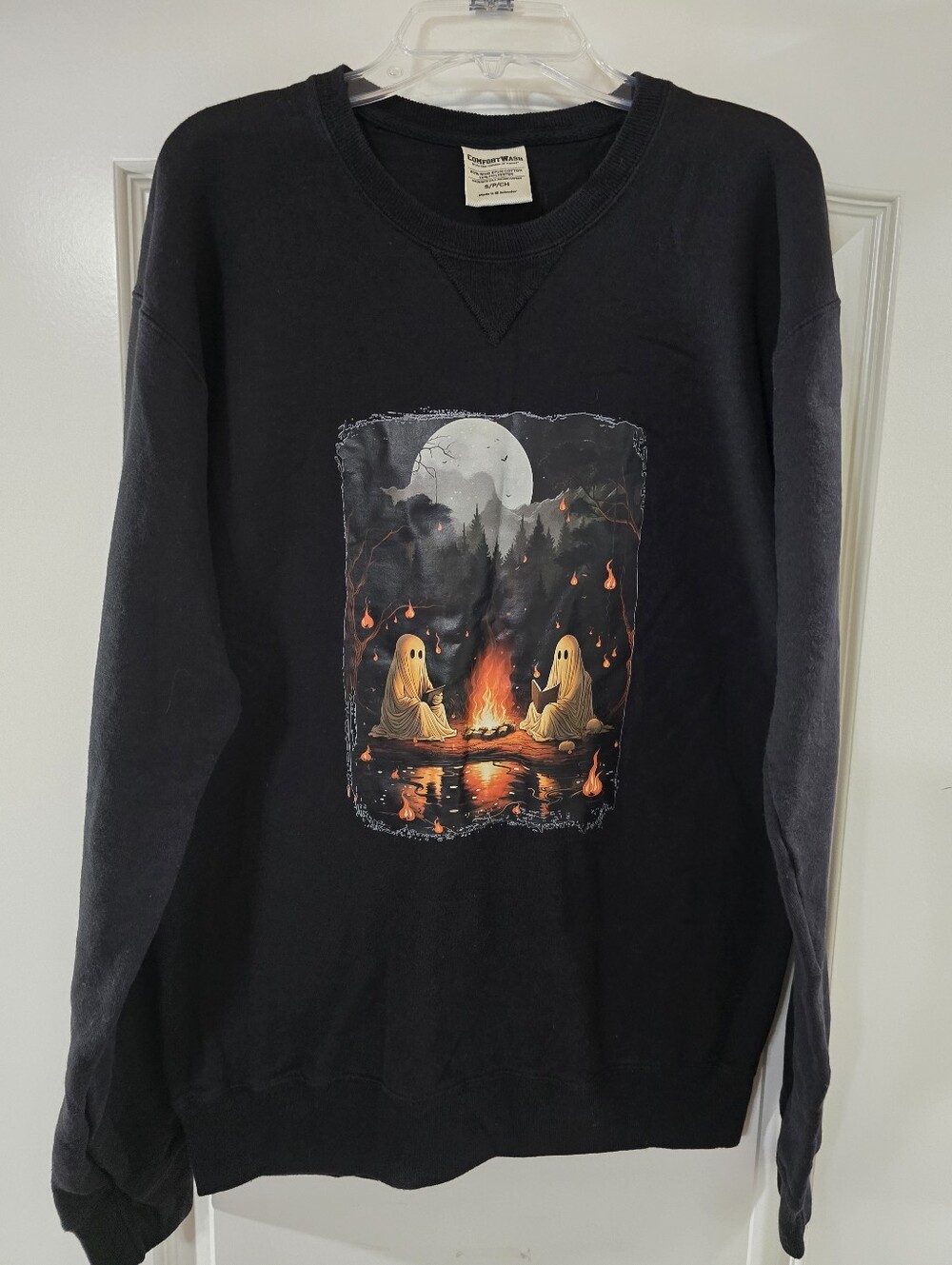 Black Crewneck Sweatshirt with Ghost Campfire Graphic